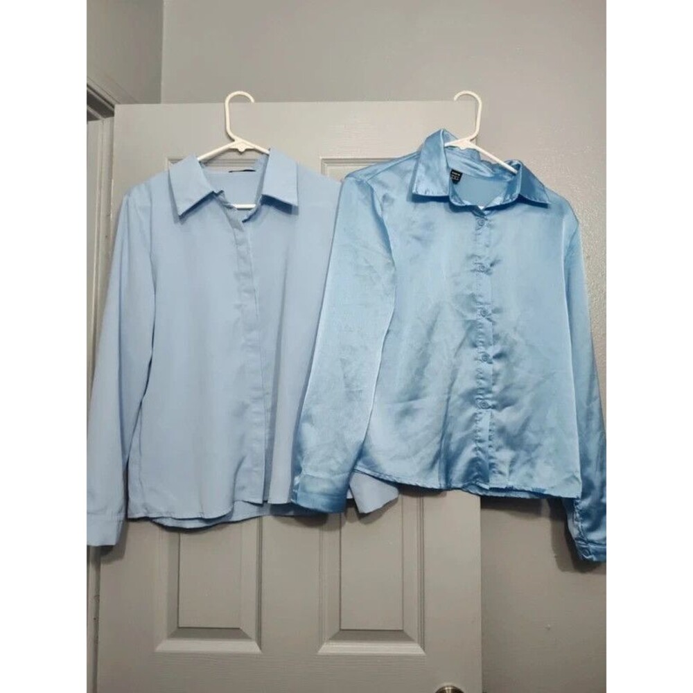 Shein bundle lot two blue women's formal office blouses shirt shirts button down